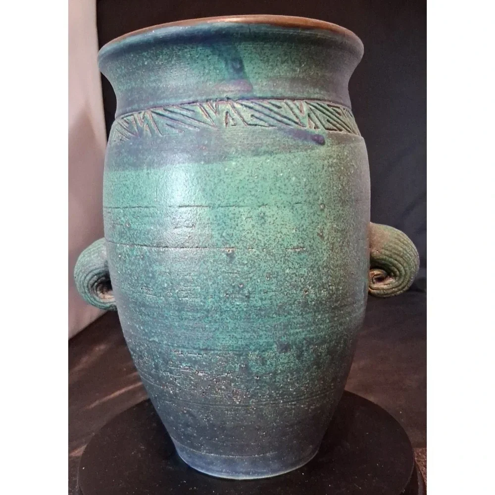 Bruce Fontaine Orig. Turquoise Glazed Ceramic Vase with Abstract Human Face